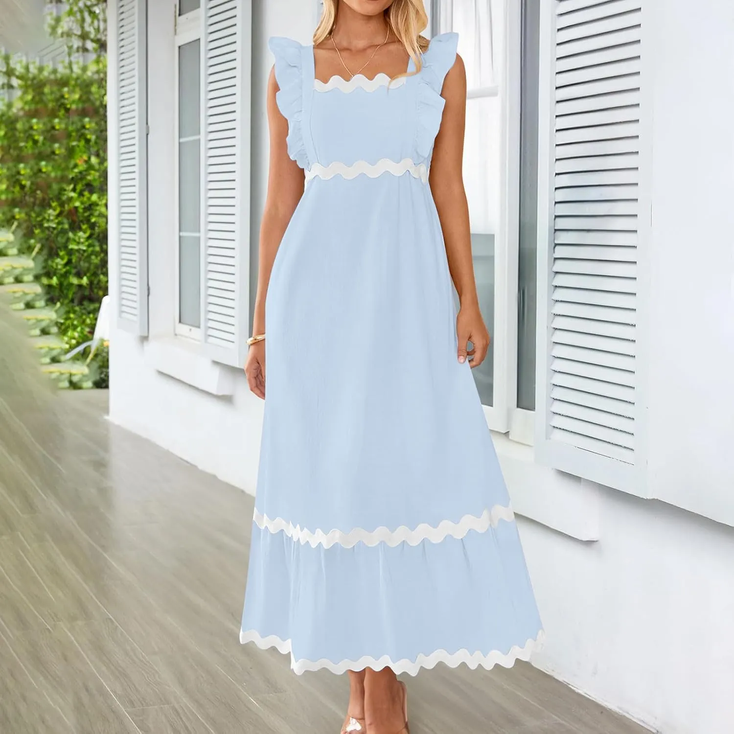 Women's Summer Sleeveless Ruffle Dresses Square Neck Backless Boho Flowy Maxi Sundress Tiered Flowy Dress with Pockets