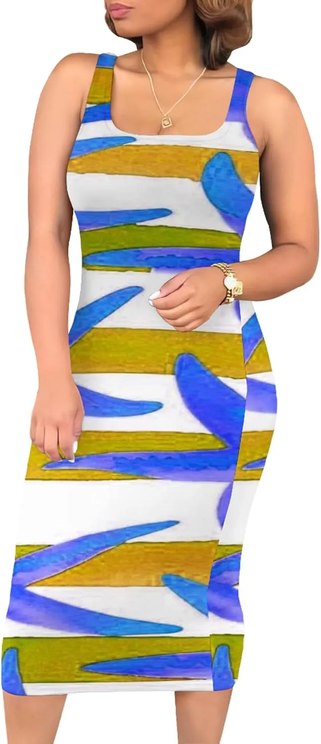 Women's Summer Sundress Sleeveless Square Neck Autumn Boho Floral Print Tie Dye Elastic Waist Ruffle Midi Dresses 2024