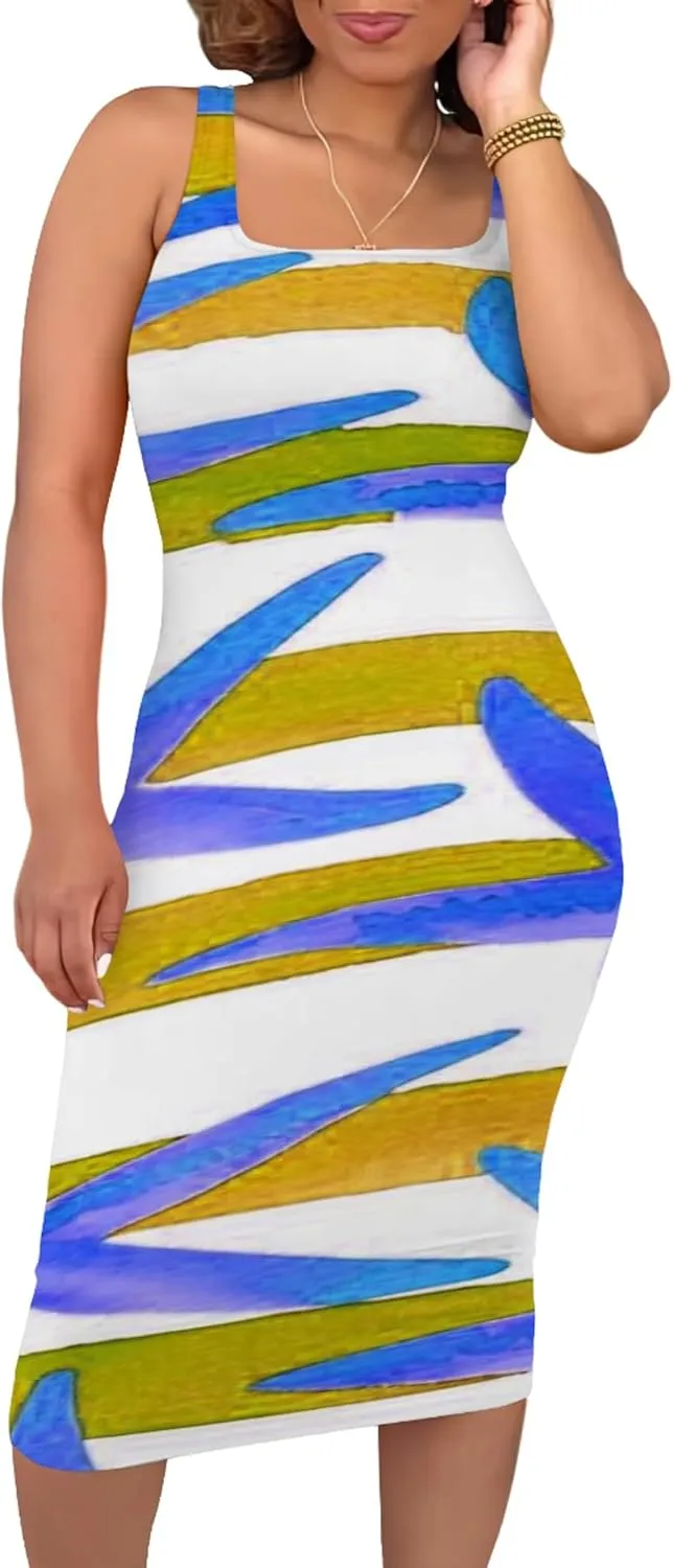 Women's Summer Sundress Sleeveless Square Neck Autumn Boho Floral Print Tie Dye Elastic Waist Ruffle Midi Dresses 2024