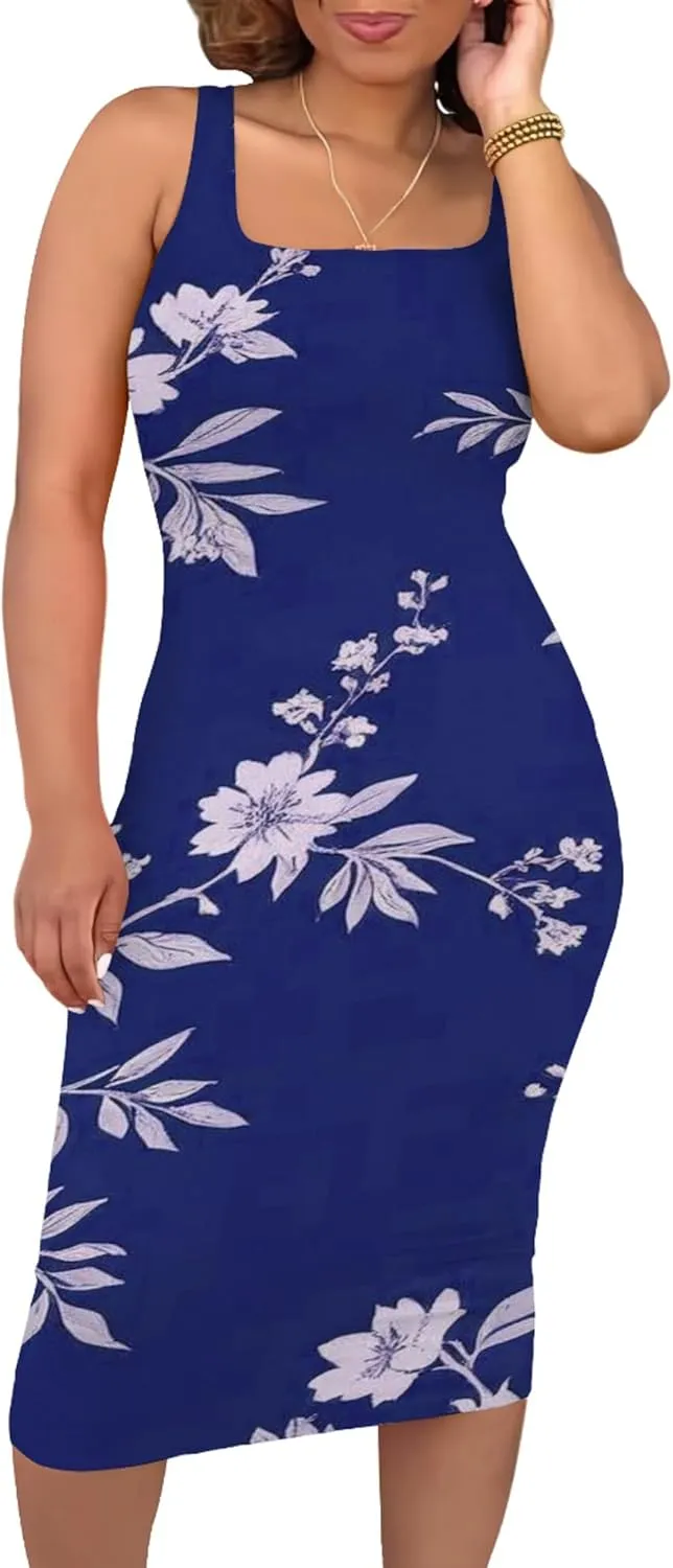 Women's Summer Sundress Sleeveless Square Neck Autumn Boho Floral Print Tie Dye Elastic Waist Ruffle Midi Dresses 2024