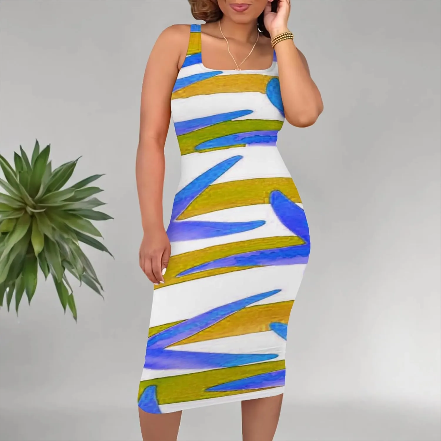 Women's Summer Sundress Sleeveless Square Neck Autumn Boho Floral Print Tie Dye Elastic Waist Ruffle Midi Dresses 2024