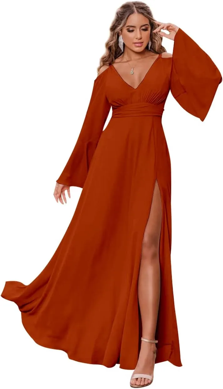 Women's V Neck Bridesmaid Dresses for Wedding Long Sleeves Pleated Chiffon Formal Evening Gown