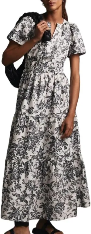 Women's Waist Cinching Retro Printed Dress, Fashionable Bohemian Long Skirt