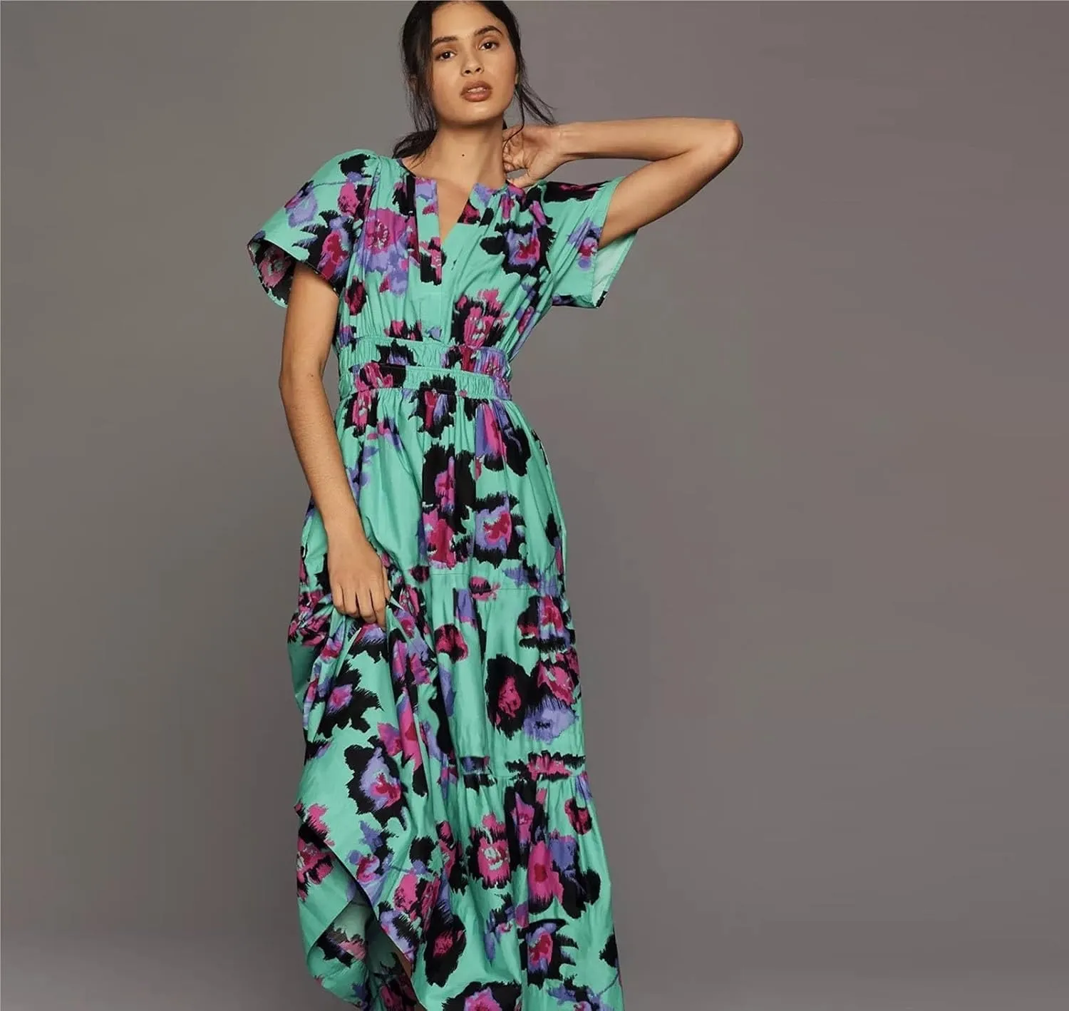 Women's Waist Cinching Retro Printed Dress, Fashionable Bohemian Long Skirt