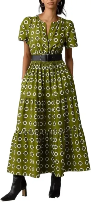 Women's Waist Cinching Retro Printed Dress, Fashionable Bohemian Long Skirt
