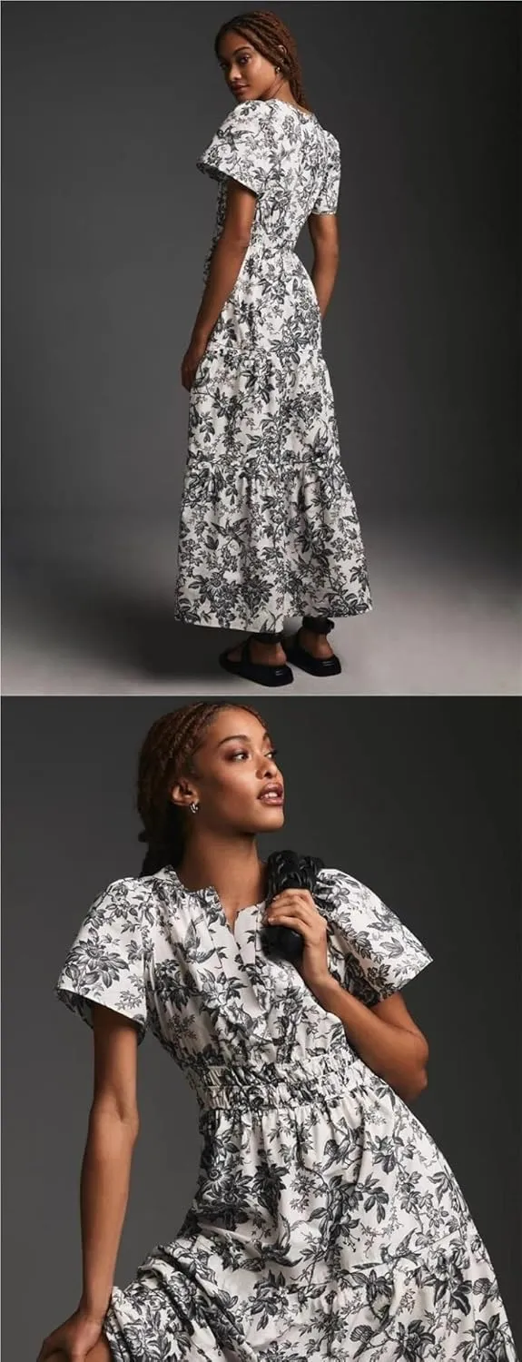 Women's Waist Cinching Retro Printed Dress, Fashionable Bohemian Long Skirt
