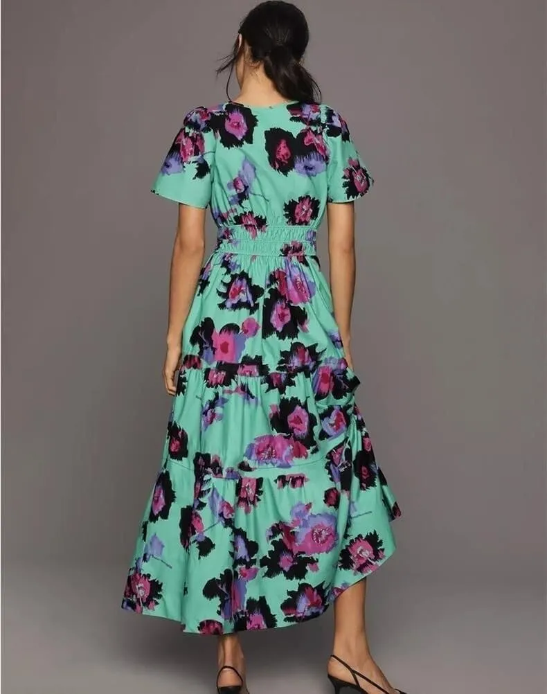 Women's Waist Cinching Retro Printed Dress, Fashionable Bohemian Long Skirt