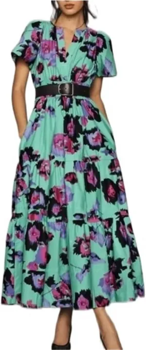 Women's Waist Cinching Retro Printed Dress, Fashionable Bohemian Long Skirt