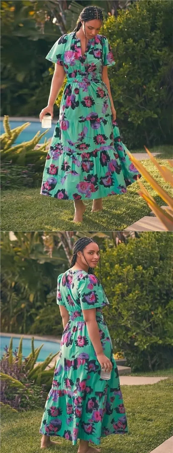 Women's Waist Cinching Retro Printed Dress, Fashionable Bohemian Long Skirt