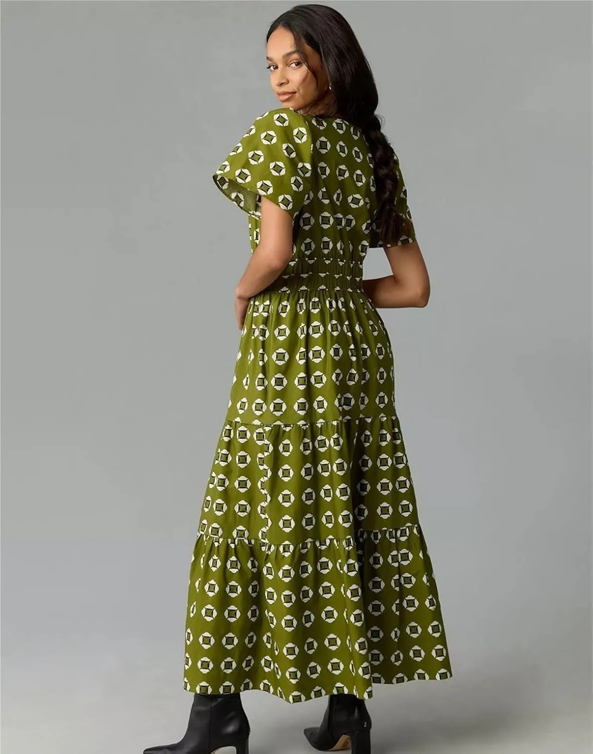Women's Waist Cinching Retro Printed Dress, Fashionable Bohemian Long Skirt