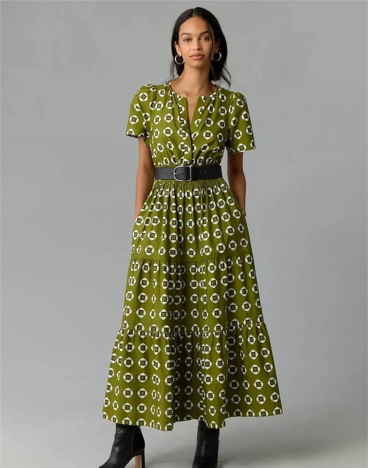 Women's Waist Cinching Retro Printed Dress, Fashionable Bohemian Long Skirt