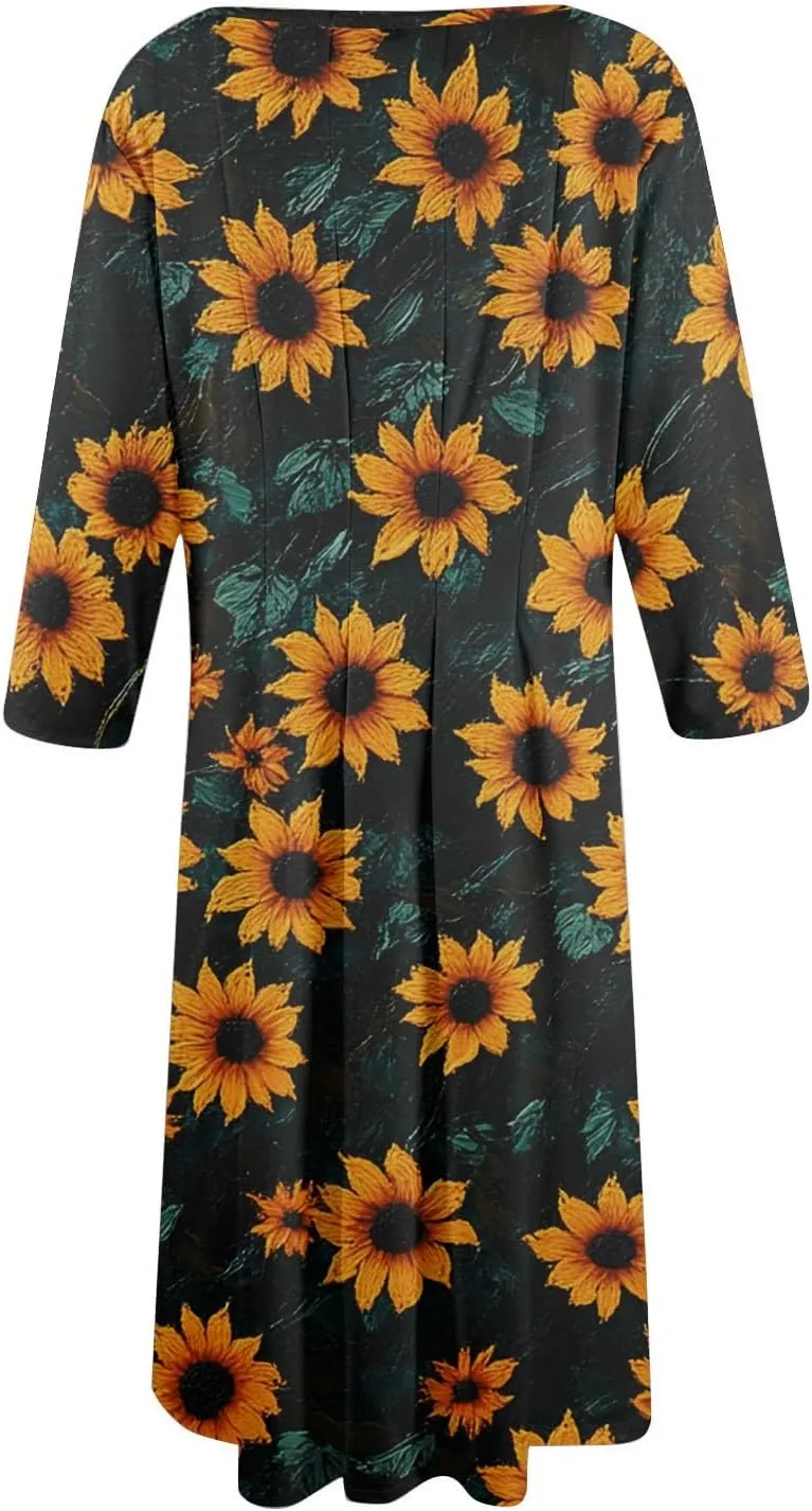 Women's Wedding Guest Dresses 3/4 Sleeve O Neck Midi Dress Boho Floral Print A Line Swing Cocktail Party Dresses