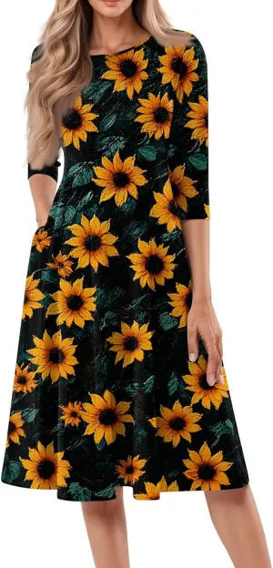 Women's Wedding Guest Dresses 3/4 Sleeve O Neck Midi Dress Boho Floral Print A Line Swing Cocktail Party Dresses