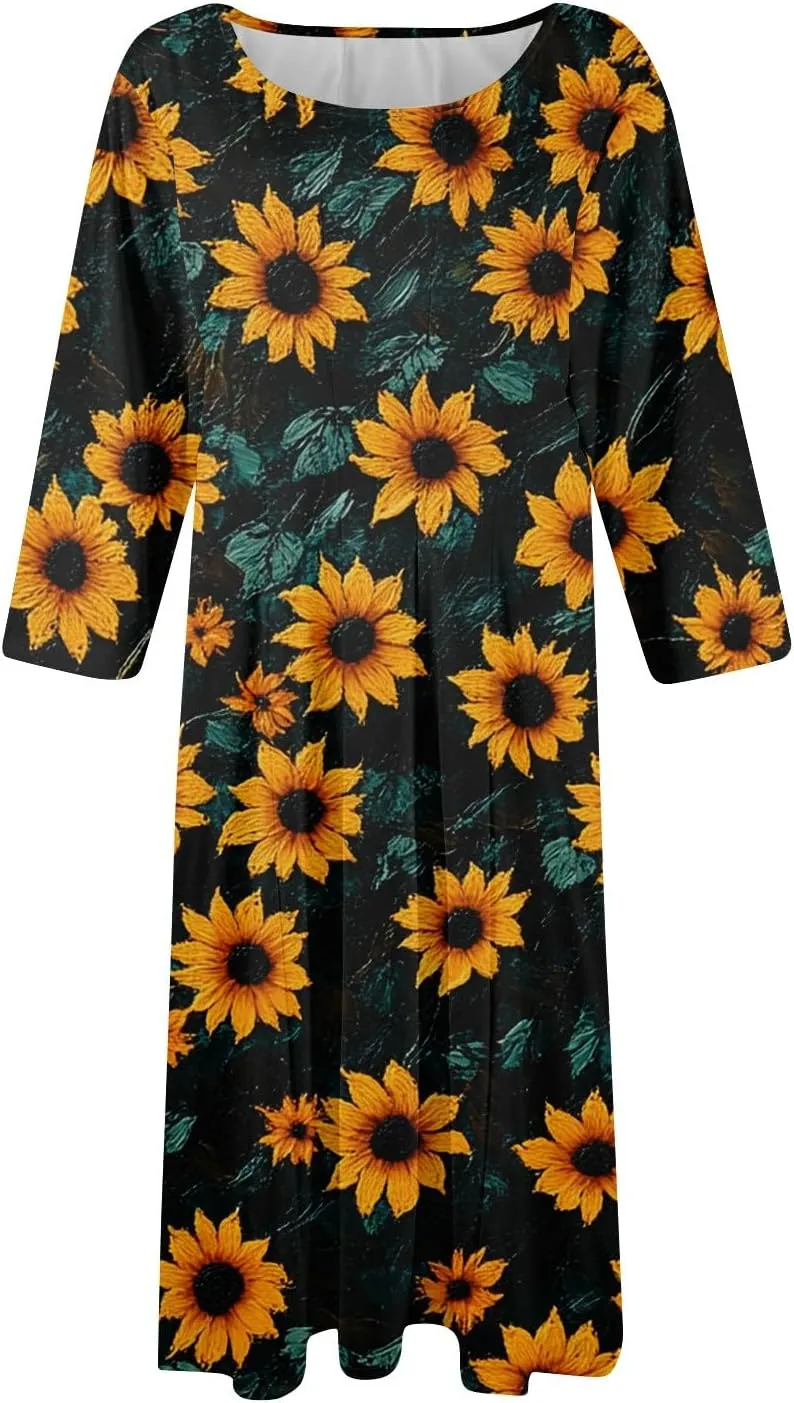 Women's Wedding Guest Dresses 3/4 Sleeve O Neck Midi Dress Boho Floral Print A Line Swing Cocktail Party Dresses