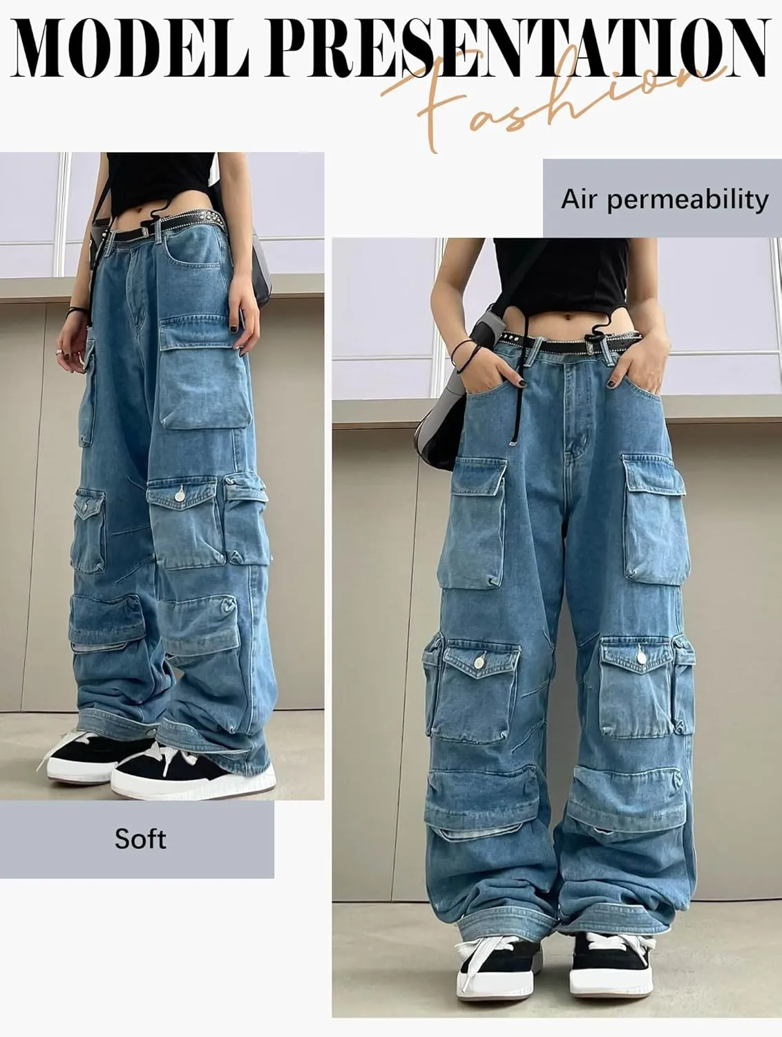 Y2K Baggy Jeans Women's Grunge Wide Leg Cargo Denim Pant Emo Fairycore High Waist Jogger Sweatpants Alt Punk Clothing