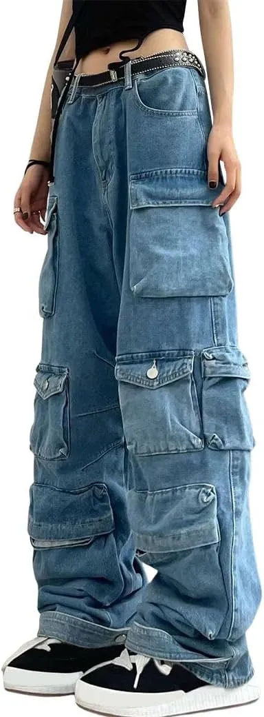 Y2K Baggy Jeans Women's Grunge Wide Leg Cargo Denim Pant Emo Fairycore High Waist Jogger Sweatpants Alt Punk Clothing