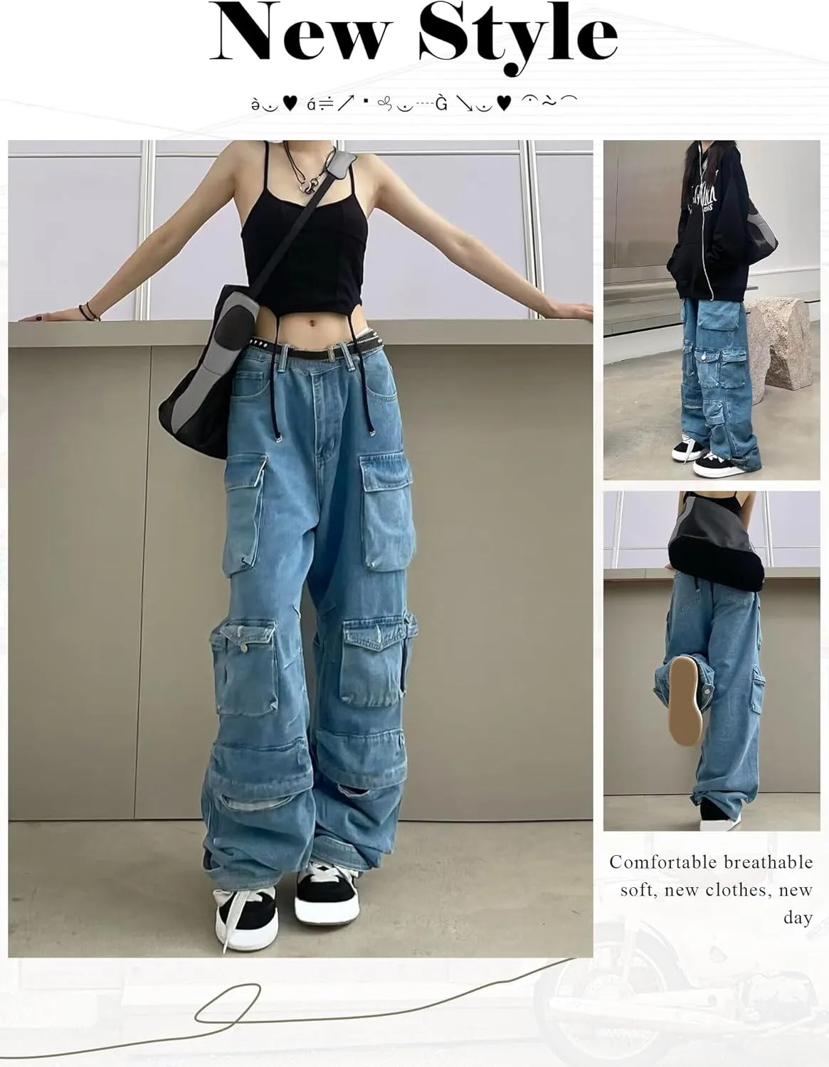 Y2K Baggy Jeans Women's Grunge Wide Leg Cargo Denim Pant Emo Fairycore High Waist Jogger Sweatpants Alt Punk Clothing