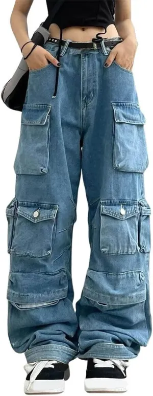 Y2K Baggy Jeans Women's Grunge Wide Leg Cargo Denim Pant Emo Fairycore High Waist Jogger Sweatpants Alt Punk Clothing