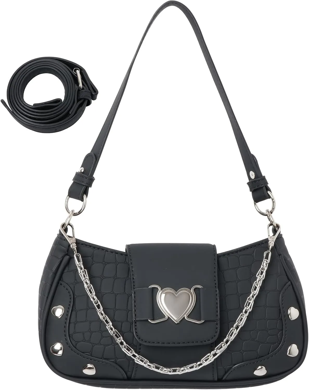 Y2K Shoulder Bag Women's Heart Studded Underarm Bag PU Leather Metal Chain Clutch Purses Small Hobo Bag for Women