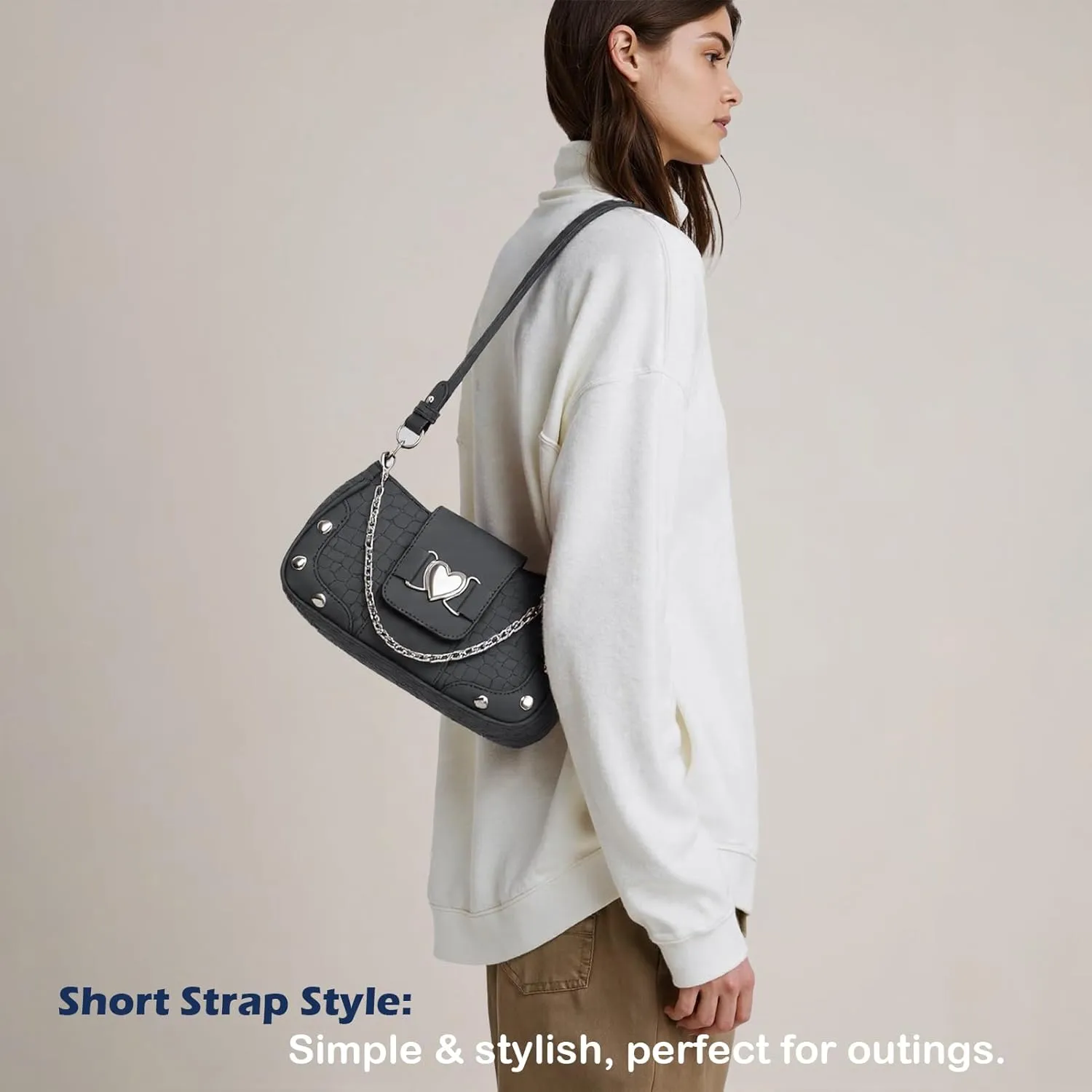 Y2K Shoulder Bag Women's Heart Studded Underarm Bag PU Leather Metal Chain Clutch Purses Small Hobo Bag for Women