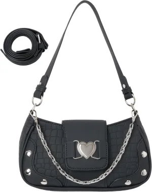 Y2K Shoulder Bag Women's Heart Studded Underarm Bag PU Leather Metal Chain Clutch Purses Small Hobo Bag for Women
