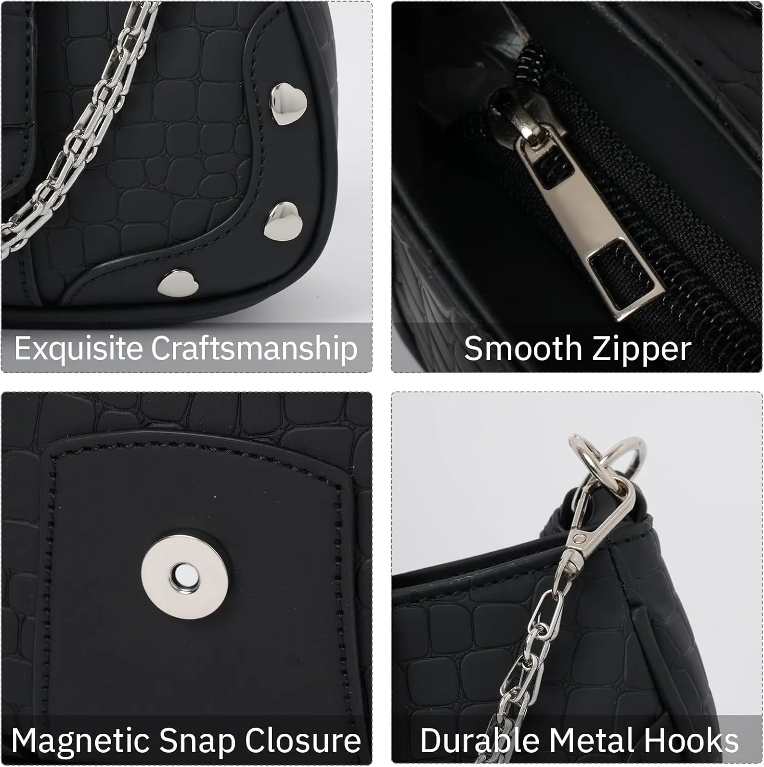 Y2K Shoulder Bag Women's Heart Studded Underarm Bag PU Leather Metal Chain Clutch Purses Small Hobo Bag for Women