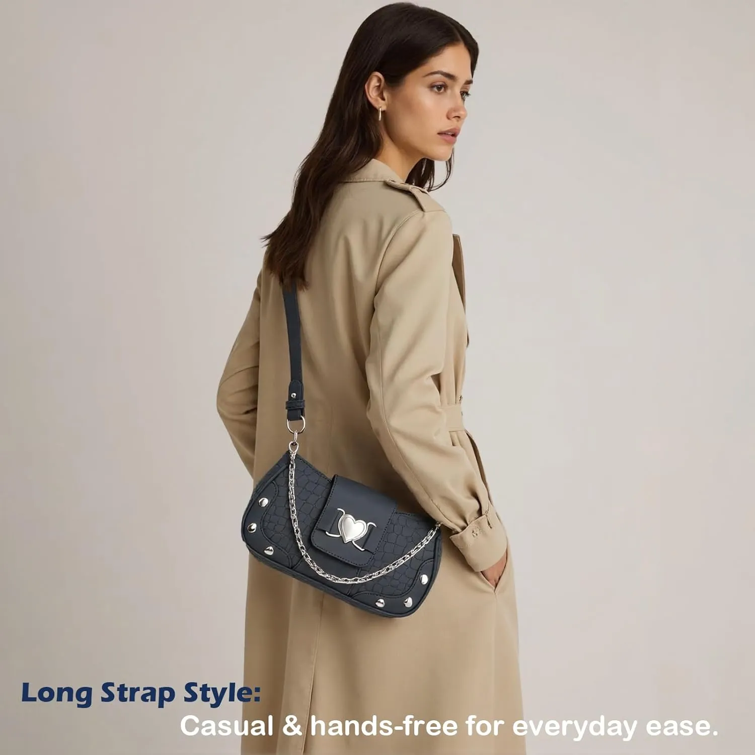 Y2K Shoulder Bag Women's Heart Studded Underarm Bag PU Leather Metal Chain Clutch Purses Small Hobo Bag for Women