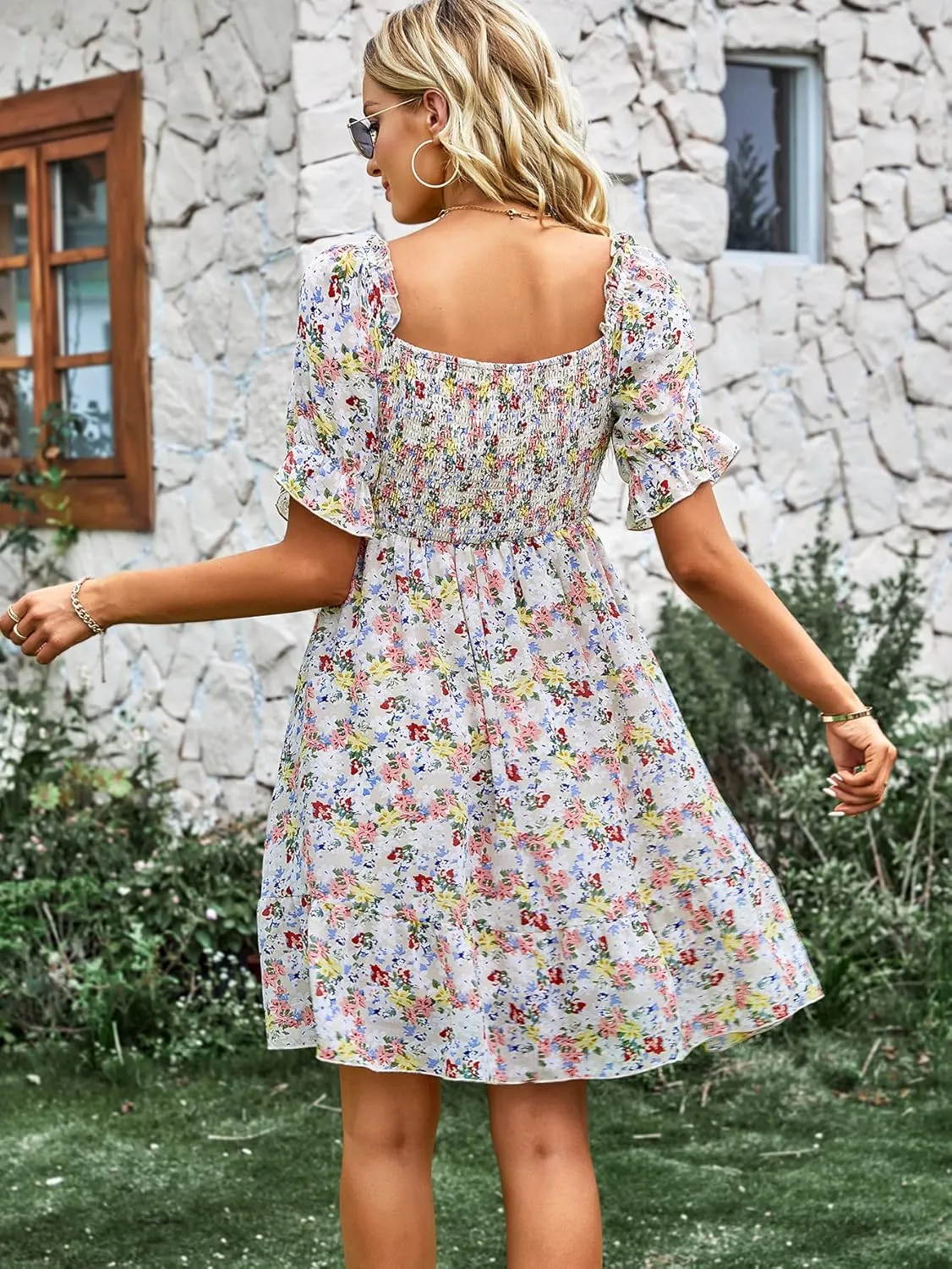YOXUA Women's Casual Ruffle Square Neck Mini Dress, Short Sleeve Floral Printed Smocked A-Line High Waist Beach Dresses