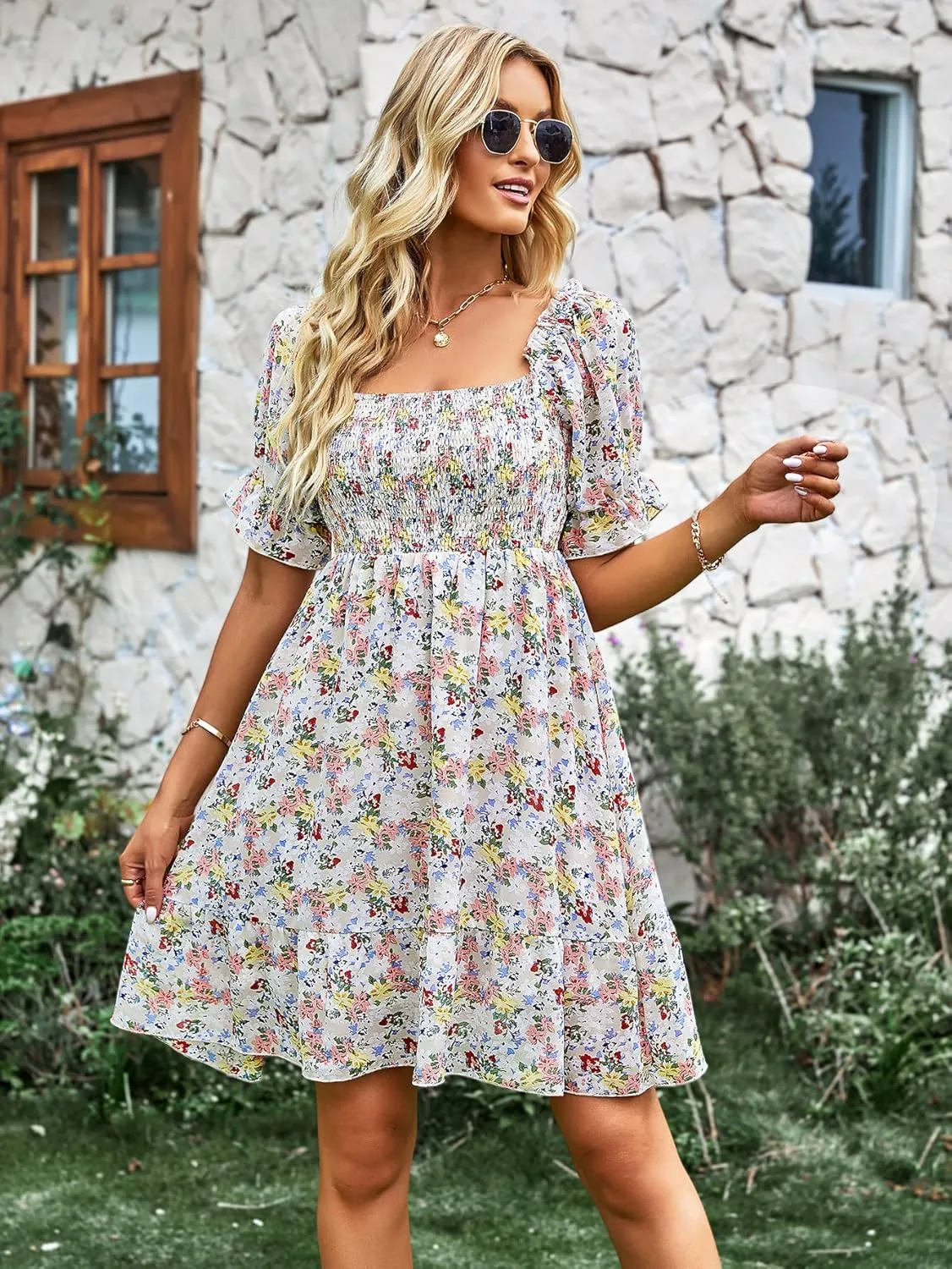 YOXUA Women's Casual Ruffle Square Neck Mini Dress, Short Sleeve Floral Printed Smocked A-Line High Waist Beach Dresses