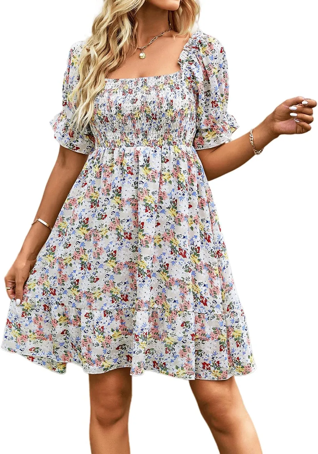 YOXUA Women's Casual Ruffle Square Neck Mini Dress, Short Sleeve Floral Printed Smocked A-Line High Waist Beach Dresses
