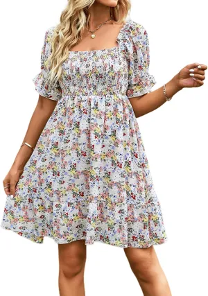 YOXUA Women's Casual Ruffle Square Neck Mini Dress, Short Sleeve Floral Printed Smocked A-Line High Waist Beach Dresses