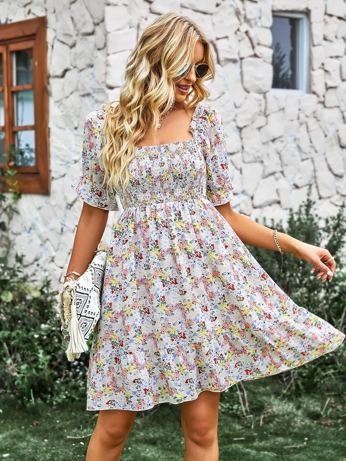 YOXUA Women's Casual Ruffle Square Neck Mini Dress, Short Sleeve Floral Printed Smocked A-Line High Waist Beach Dresses