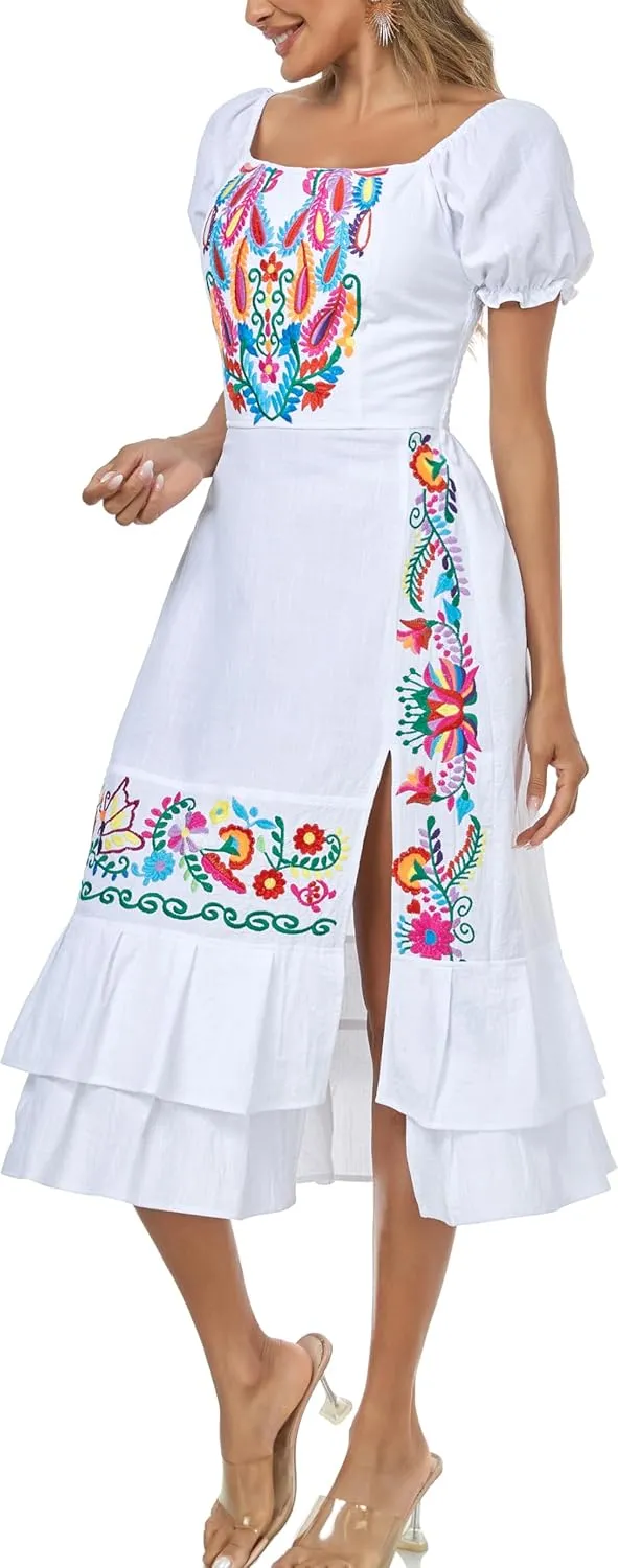 YZXDORWJ Mexican Dress for Women Boho Embroidered Sexy Ruffle Maxi Dress Short Sleeve Summer Beach Swing Wedding Party Dress