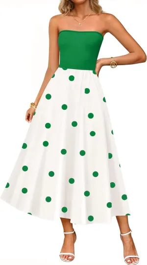 ZESICA Women's 2025 Summer Boho Strapless Midi Dress Off Shoulder Polka Dot Printed Flowy A Line Long Dresses with Pockets