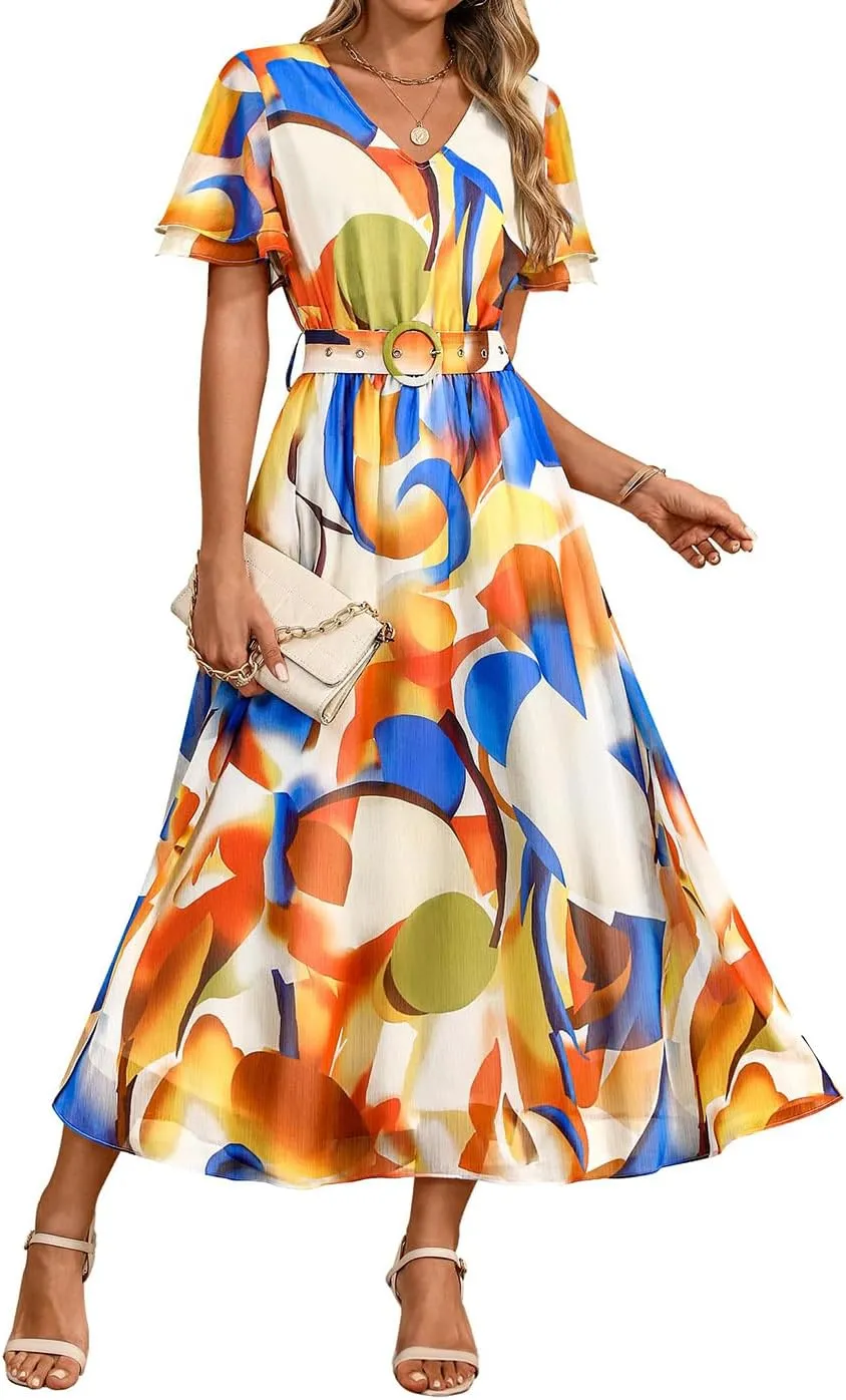 ZESICA Women's 2025 Summer Floral V Neck Midi Dress Boho Short Sleeve High Waist Flowy Beach Vacation Dresses with Belt