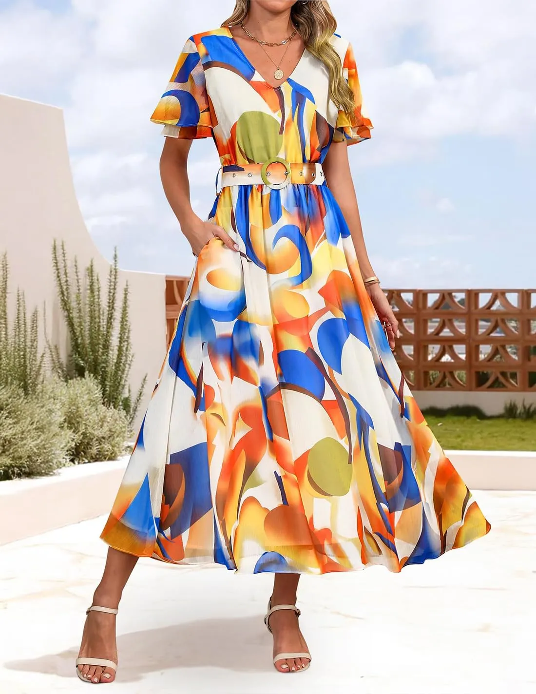 ZESICA Women's 2025 Summer Floral V Neck Midi Dress Boho Short Sleeve High Waist Flowy Beach Vacation Dresses with Belt