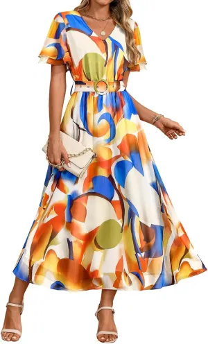 ZESICA Women's 2025 Summer Floral V Neck Midi Dress Boho Short Sleeve High Waist Flowy Beach Vacation Dresses with Belt